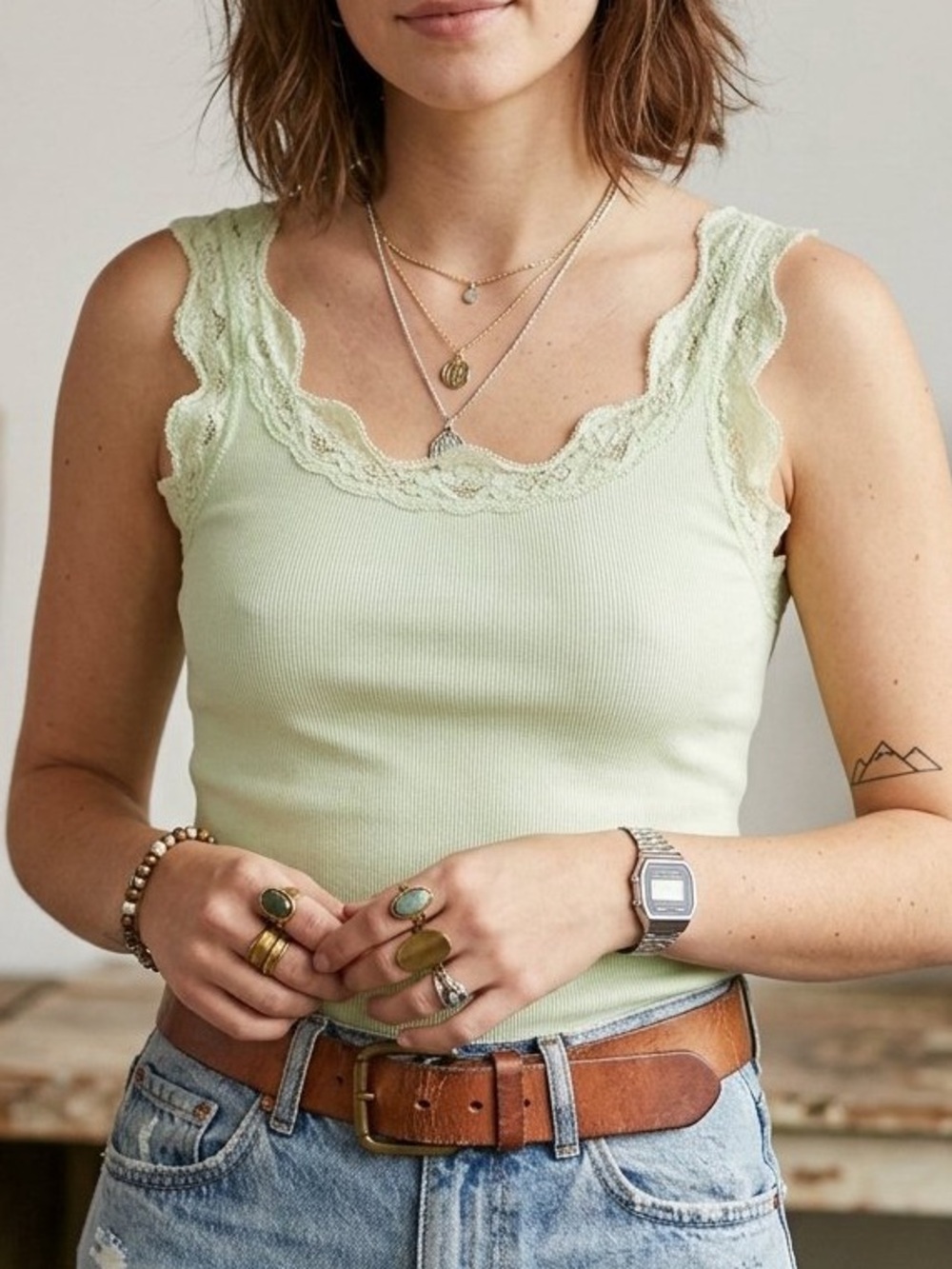 fresh produce Lace-Trim Ribbed Camisole - Light Lime 90s Basics